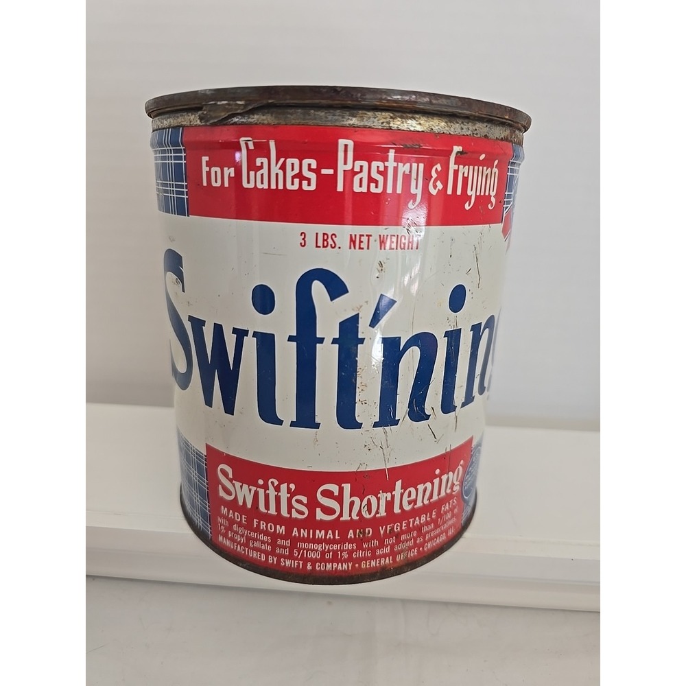 Swiftning Shortening Lithographed Tin Metal Can Empty 3lb‎ Swift Co Chicago Il